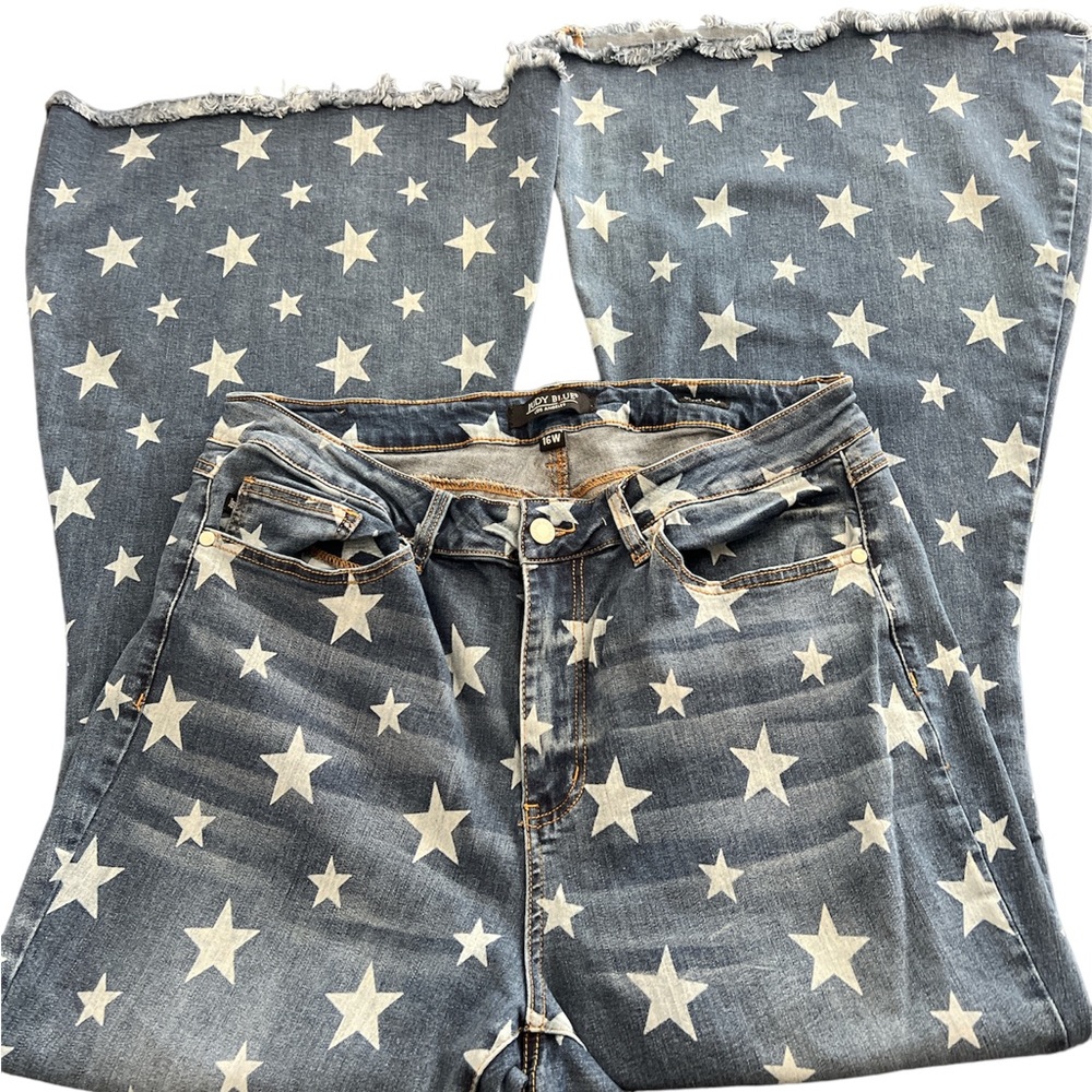 Judy Blue S 16 W White Stars Pattern High Rise Blue Denim Super Flared Leg Jeans